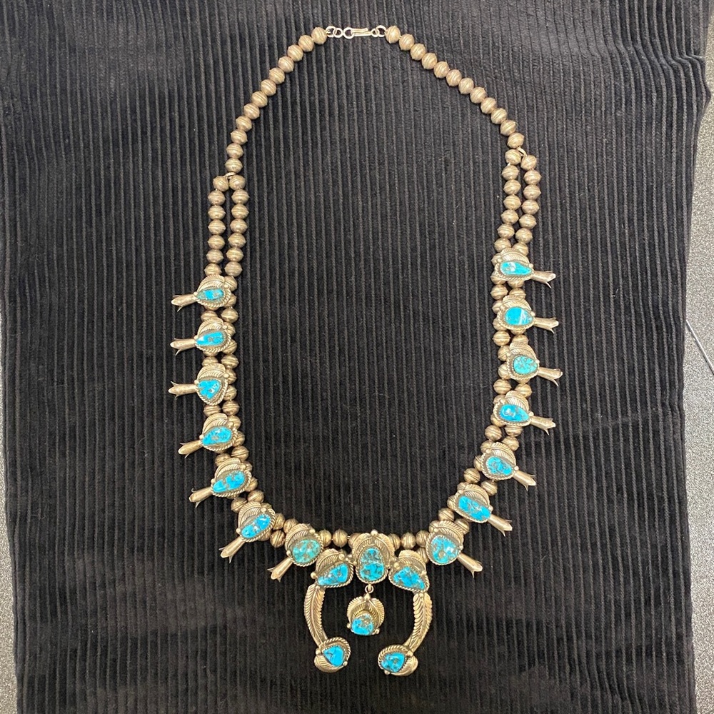 Vintage Navajo Squash Blossom Sterling Silver Turquoise Necklace Signed